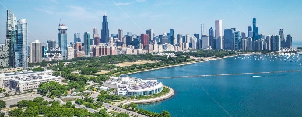 The Chicago skyline above the lakefront and Northerly Island