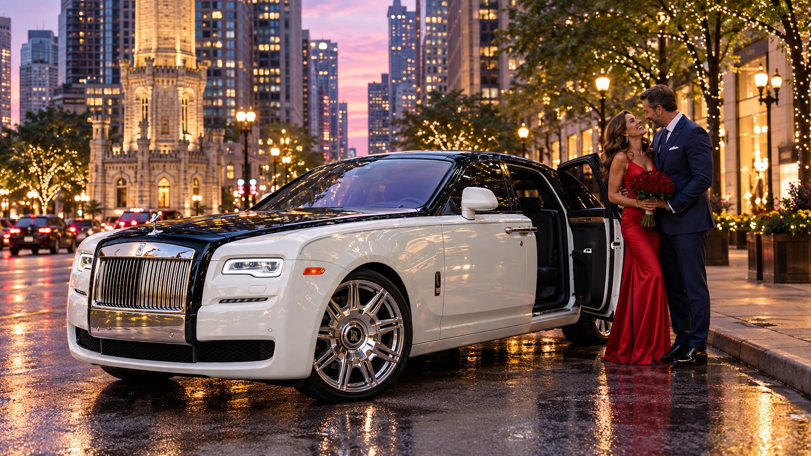 A couple in evening wear beside a two-tone Rolls-Royce Ghost on Michigan Avenue at dusk