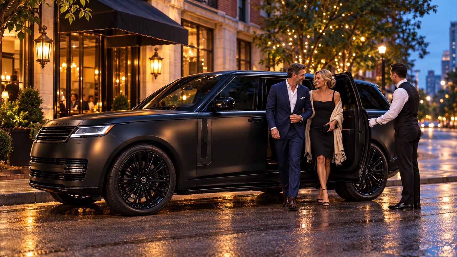 A valet opens the door of a satin black Range Rover for a couple on the Gold Coast at dusk
