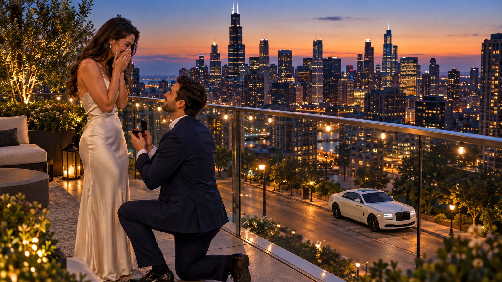 A rooftop proposal above the Chicago skyline at dusk, a cream Rolls-Royce Wraith waiting below