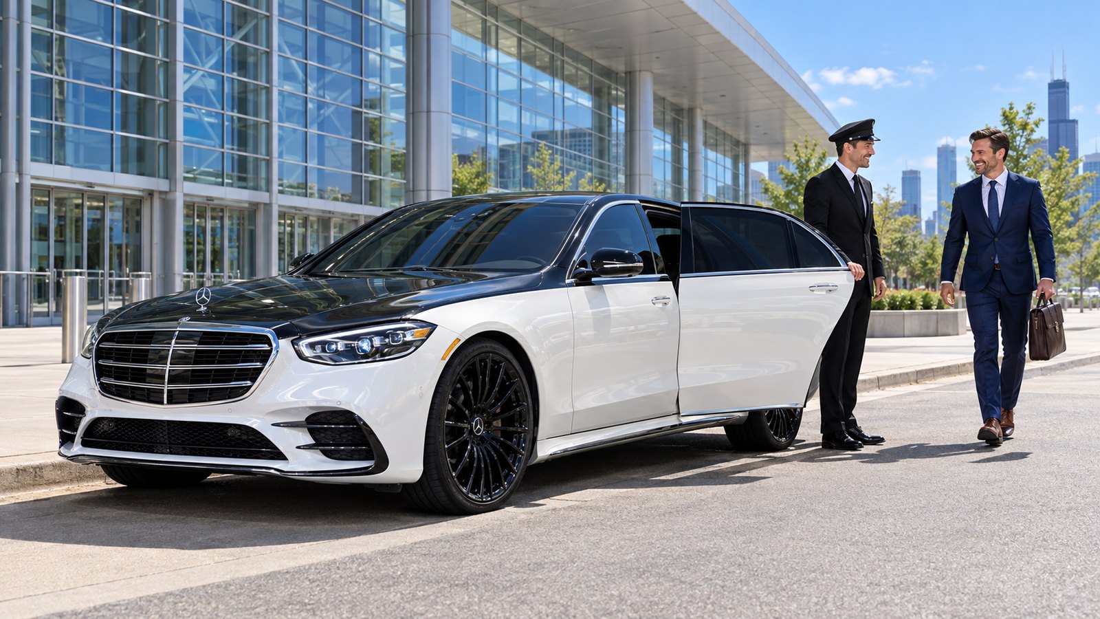 A chauffeur meets an executive beside a white Mercedes S580 outside McCormick Place