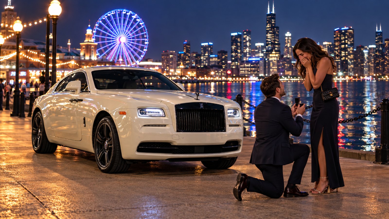 A marriage proposal beside a white Rolls-Royce Wraith at Navy Pier at night, the Ferris wheel lit behind