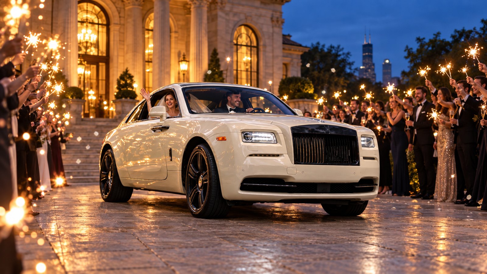 Wedding guests wave sparklers as a cream Rolls-Royce Wraith drives the couple away